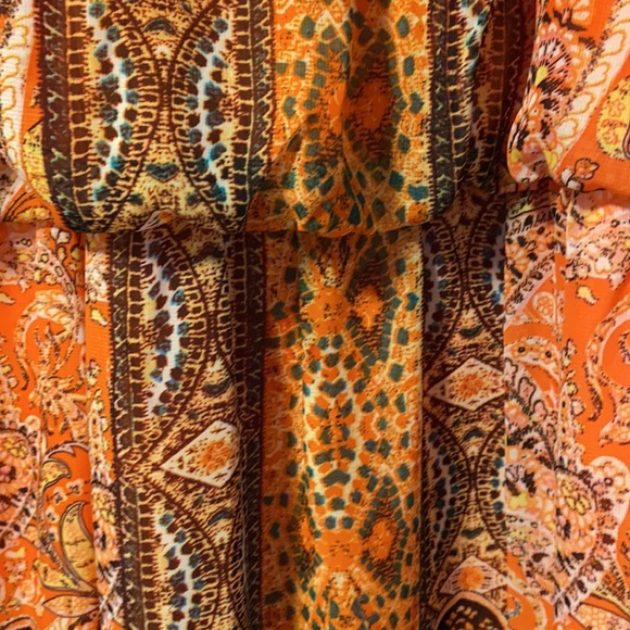 Orange, brown, and green patterned short dress - Picture 4 of 4